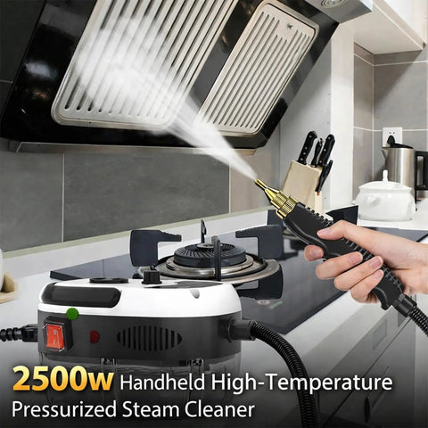 Heavy Duty Handheld Steam Cleaner Cranks Out Blistering Vapor quick to kick grease off kitchen stove with pressurized nozzle.