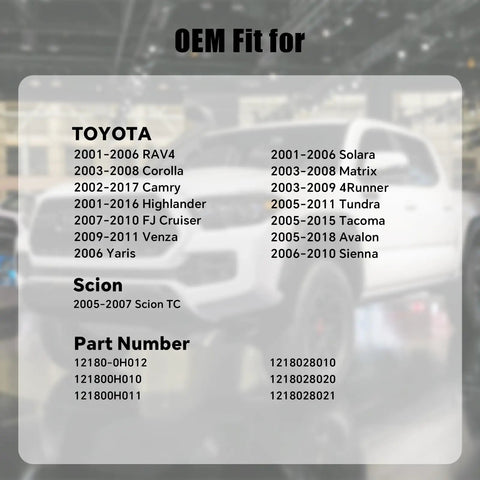 Toyota Engine Oil Filler Cap Replacement Fits Avalon Camry Highlander 4Runner Tacoma Tundra Corolla FJ Cruiser Matrix RAV4 Sienna Solara Venza Yaris Scion Easy Install High Quality Durable Oil Cap model compatibility list with Toyota vehicles and part numbers.