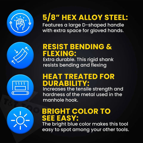Infographic detailing features of 36 Inch Manhole Hook Tool Hex Alloy Steel Heat Treated For Durable Lifting Of Manhole Covers Storm Drains