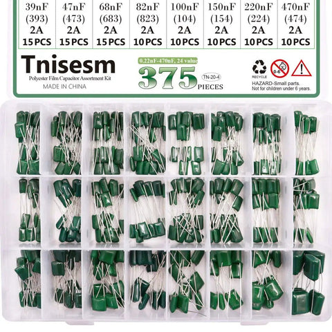 Assortment Kit Of Metalized Mylar Polyester Film Capacitors, 375 Pcs, 24 Values From 0.22nF To 470nF, 100V DC, In A Box