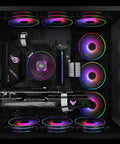 Top Tier 100 Piece Pack Of PC Computer Cooling Fan Mount Screws In Slick Black Finish Featuring Foolproof M5 X 10 Millimeter Threading and Rock Solid Steel Construction For Hassle Free Setup On 70 To 140 Millimeter Case Fan Assemblies in a gaming PC setup.