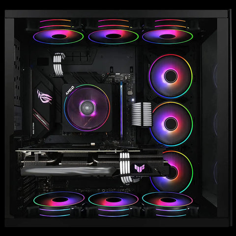 Top Tier 100 Piece Pack Of PC Computer Cooling Fan Mount Screws In Slick Black Finish Featuring Foolproof M5 X 10 Millimeter Threading and Rock Solid Steel Construction For Hassle Free Setup On 70 To 140 Millimeter Case Fan Assemblies in a gaming PC setup.