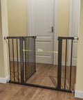 Black extra wide baby gate for stairs and doorways fits 27 to 43 inches with 21 inch walk through and 30 inch tall closing