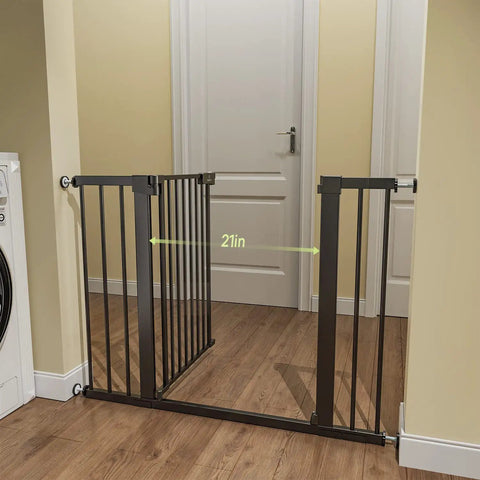 Black extra wide baby gate for stairs and doorways fits 27 to 43 inches with 21 inch walk through and 30 inch tall closing