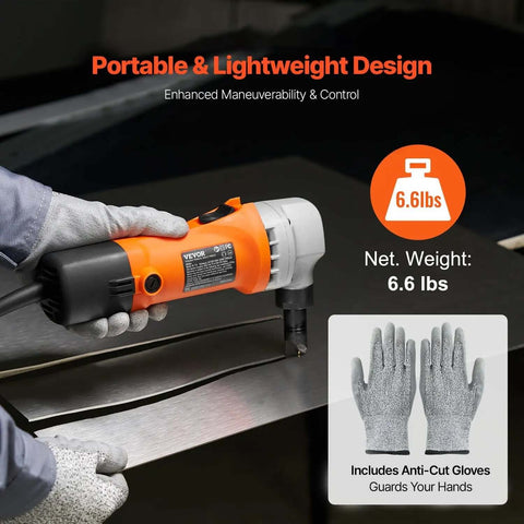 Heavy Duty Sheet Metal Nibbler 550W Electric Cutter With 360 Degree Rotation and 2200 RPM shown cutting metal, includes gloves