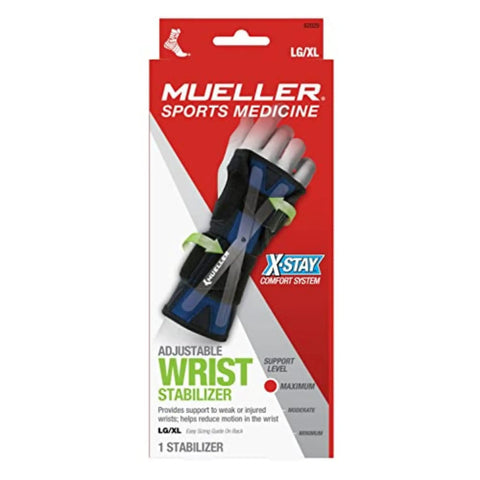 Packaging of X Stay Wrist Stabilizer For Adults Black Adjustable Wrist Wrap, highlighting comfort and support for wrist pain relief.