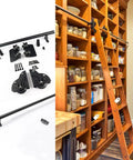 Image of Heavy Duty Sliding Barn Door Hardware Kit With Zero Sweat Assembly Slick Round Tube Rail And Pro Level Floor Rollers, showing components and a storage setup.