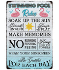 Pool Rules Sign Funny Metal Decor For Indoor Outdoor Use 12x8 Inch Durable Hanging Plaque with swim rules and flamingos