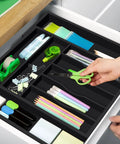 Premium Must Have Bamboo Kitchen Drawer Organizer With 9 Grooved Slots For Silverware And Utensils, filled with office supplies