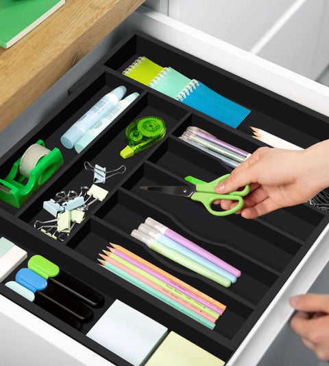 Premium Must Have Bamboo Kitchen Drawer Organizer With 9 Grooved Slots For Silverware And Utensils, filled with office supplies