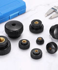 Badass Knurled Thumb Nuts M10 X 50mm Black Clamping Fasteners With Copper Core Lock Hardware For 3D Printers Cnc Machines Shop Workstations Smooth Grip Round Knobs No Sweat Setup Today set on a marble surface.