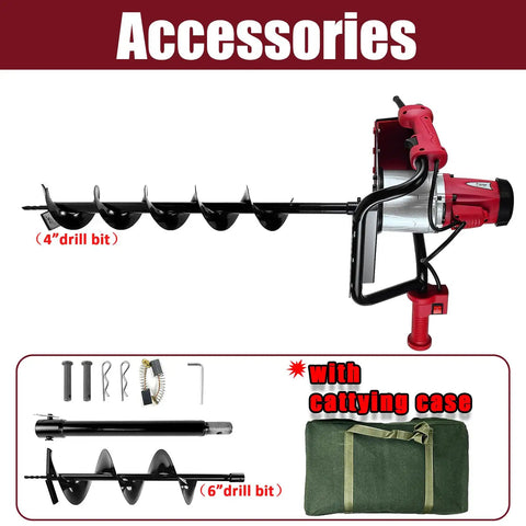 1500W Electric Post Hole Digger With 6 Inch And 4 Inch Augers, Reverse Function, Carry Bag, Durable Auger Bits for Fencing