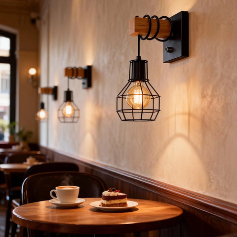 Industrial Cage Wall Sconce With Dimmer Switch And On Off Control, Farmhouse Black Metal Lamp With Painted Wood Holder in cafe setting