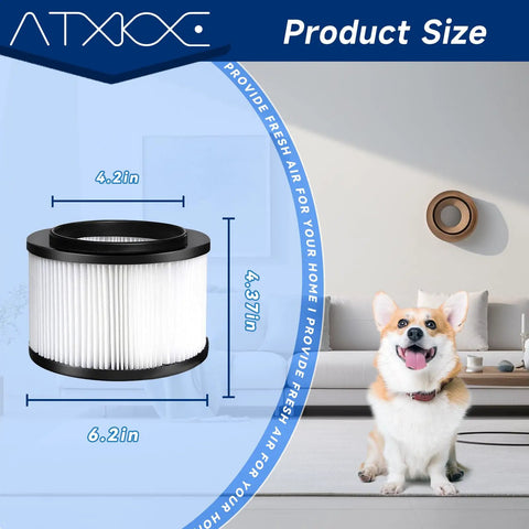 Diagram showing size of Premium Replacement Filter For 9-17810 Craftsman Wet Dry Vac Fits 3 And 4 Gallon Vacuums near a dog.