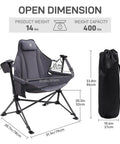 Oversized Padded Hammock Camping Chair With Detachable Cup Holder Heavy Duty Swing Seat, dimensions shown, grey color