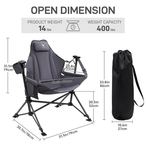Oversized Padded Hammock Camping Chair With Detachable Cup Holder Heavy Duty Swing Seat, dimensions shown, grey color