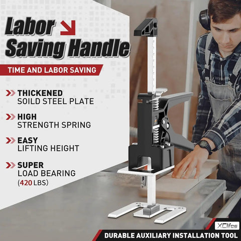 Xclifes Labor Saving Arm Jack 2 Pack Furniture Lifter Tool Black White Heavy Duty Steel with height measurement scale.
