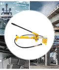 Straight Up Heavy Duty 30 Ton Hydraulic Jack Porta Power Ram Kit With CP 700 Manual Hand Pump Featuring 2 Inch Stroke Mini Cylinder Built Tough Zero Leak Seals Smooth Release Valve Solid Non Slip Handle Yellow on a work site.