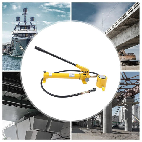 Straight Up Heavy Duty 30 Ton Hydraulic Jack Porta Power Ram Kit With CP 700 Manual Hand Pump Featuring 2 Inch Stroke Mini Cylinder Built Tough Zero Leak Seals Smooth Release Valve Solid Non Slip Handle Yellow on a work site.