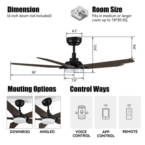 Diagram of 52 Inch Smart Ceiling Fan With Light And 5 Blades Low Profile Design 10 Speed DC Motor Delivers Strong Airflow Up To 4120 CFM