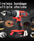 Heavy Duty Cordless Drill Impact Driver Kit featuring 20V 2500Mah Batteries, showcasing black and red design, keyless chuck, and handle.