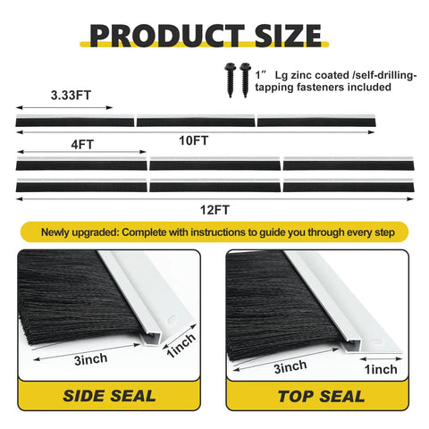 Tough As Nails Black Garage Door Brush Seal Kit For 10 X 12 Ft Doors With 3 Inch Bristles showing size dimensions and installation instructions.