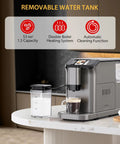 Ultimate Game Changer Super Automatic Espresso Machine With Built In Grinder And One Touch Milk Frother Bean To Cup Coffee Maker Double Boiler System on countertop with removable water tank.