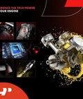 Illustration showing engine components and ECU chip with text 'experience the true power of your engine'.
