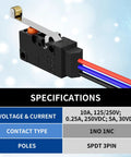 Close-up of Waterproof Micro Limit Switch With Long Roller Lever SPDT 3 Pin Pre Wired 10A 125 250V 2 Pack highlighting specifications.