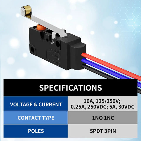 Close-up of Waterproof Micro Limit Switch With Long Roller Lever SPDT 3 Pin Pre Wired 10A 125 250V 2 Pack highlighting specifications.