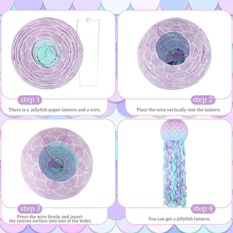 Assembly guide for colorful jellyfish paper lanterns set of 6 in pink purple and blue hanging lanterns for mermaid theme.