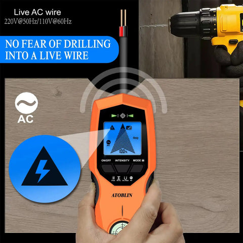 "7 In 1 Stud Finder Wall Scanner With Magnetic Bubble Level And Digital LCD Display detecting live wire"