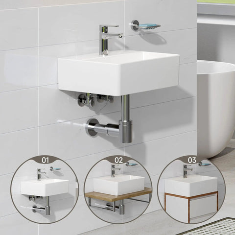 Small Bathroom Wash Basin Sink White 40x30x12cm｜Slim Ed & Sto Led Design - Countertop or Wall Mounted Recular Basin for Smal Bathroom Cloakroom WC installed against tiled wall.