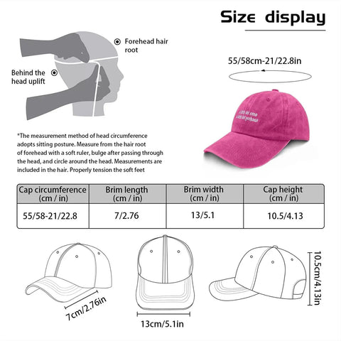 Size display for Dope Lil Bit Emo Yeehaw Style Hat For Women Adjustable Cap with dimensions and head measurement guide.