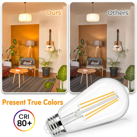 4 Pack Vintage LED Edison Bulbs 60W Equivalent, 6W ST58 2700K warm white antique filament bulb, clear glass, color comparison display