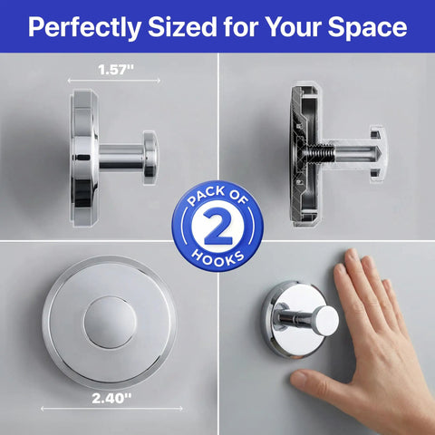 Suction Cup Hooks For Shower And Bathroom Towel Holder 2 Pack No Drilling; showing dimensions and twist-lock feature.