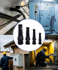 Collage of IP68 Waterproof Cable Gland Kit With Strain Relief, 8-Piece Nylon Cable Connector Set, installed and in industrial settings.