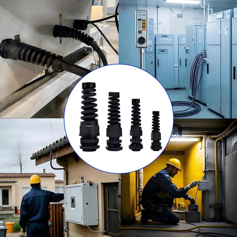 Collage of IP68 Waterproof Cable Gland Kit With Strain Relief, 8-Piece Nylon Cable Connector Set, installed and in industrial settings.