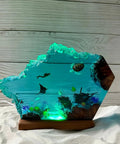 Multicolor Epoxy Resin Wood Lamp In Wave Shape, Handmade Ocean Themed LED Night Light with sea diver and marine scene