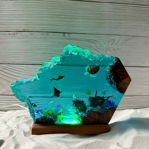 Multicolor Epoxy Resin Wood Lamp In Wave Shape, Handmade Ocean Themed LED Night Light with sea diver and marine scene