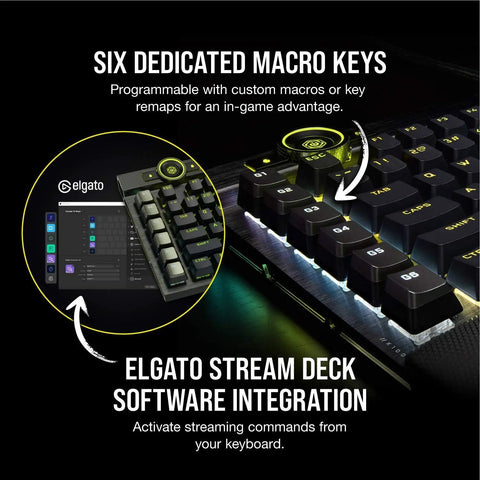 Ultimate Optical Mechanical Gaming Keyboard Blazing Fast OPX Switches showing six macro keys and Elgato software integration.