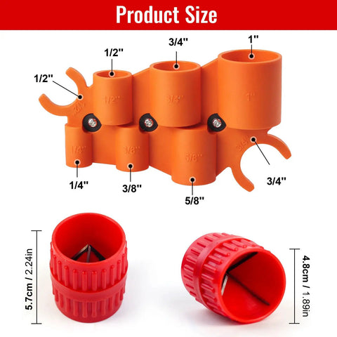 Pro Grade Pipe Deburring Tool Kit With One Quarter To One Inch Depth Gauge And One Eighth To One And Five Eighths Inch Inner Outer Reamer For Copper PVC CPVC PPR Brass Aluminum Pipe 4 Pack showing size chart and tools view