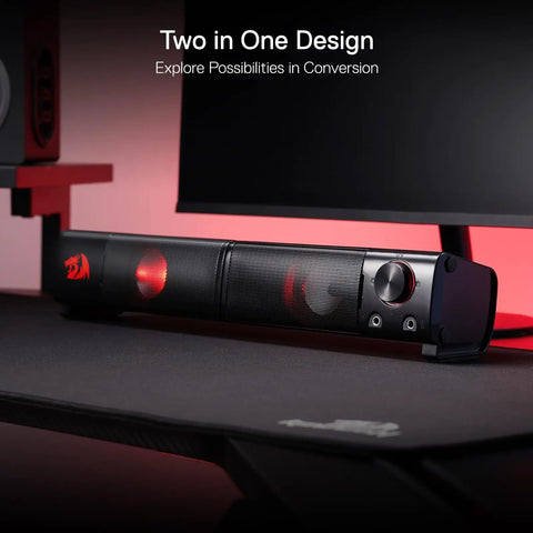 GS550 2.0 Channel Desktop PC Gaming Speakers Bar with USB power, 3.5mm cable, headphone jack, and red backlit, on desk setup