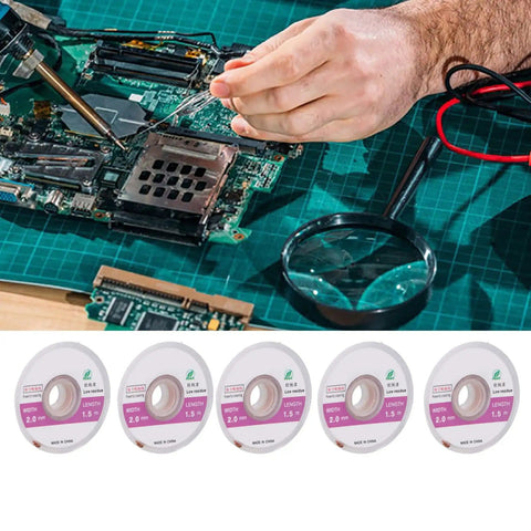 High Efficiency Copper Desoldering Wick Braids Kit, 5 Pack, 2mm Width, 4.9ft Length Each, Ideal For PCB Cleaning And BGA Rework