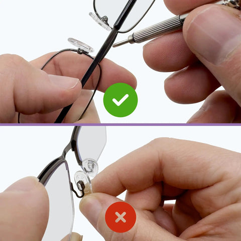 Premium Silicone Screw In Nose Pads For Eyeglasses being installed correctly on metal frames, showcases 14mm fit and ergonomic design.