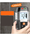 Handheld Badass Pro Grade Stud Finder And Wall Scanner with screen on concrete, detecting depth of 120mm accurately.