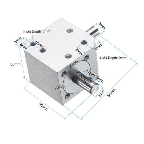 uxcell tapered bevel gear box, right-angle drive with double 8mm shafts, 1:1, 20-teeth gears, aluminum body (isometric view)