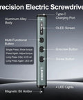 Handy Mini Electric Screwdriver Kit With 50 Precision Bits And 5 Torque Settings showing features and labels.