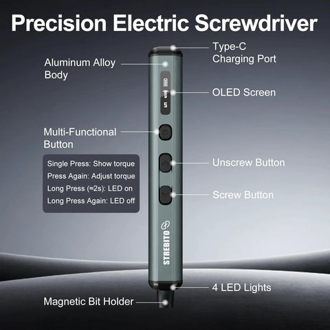 Handy Mini Electric Screwdriver Kit With 50 Precision Bits And 5 Torque Settings showing features and labels.