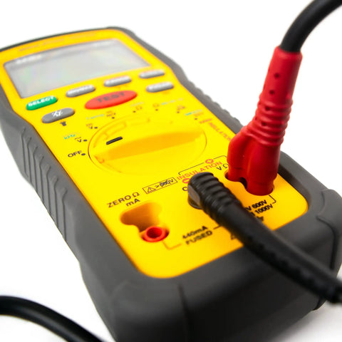 Insulation Resistance Tester 1000V Megohmmeter For Electric Pros Pro Grade Quality, 0.01MOhm To 2GOhm Range, Voltage Check Up To 1000V, High Accuracy Meter For Troubleshooting And Safety Compliance. Close-up of yellow handheld meter with test leads